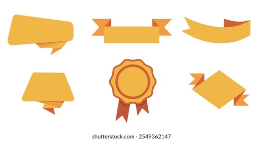 Set of yellow ribbons and badges in various shapes and styles.