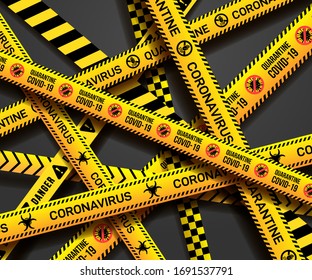 Set of yellow ribbons. Warning sign of quarantine. Coronavirus, Covid-19 outbreak. Caution tape with quarantine written on it. Vector illustration. Isolated on grey background.