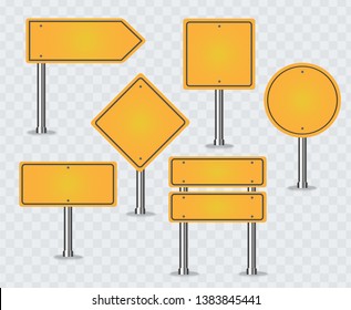 Set of yellow road signs. Blank traffic road, empty, warning, caution, attention, stop, safety, shape danger, boards street guide vector.