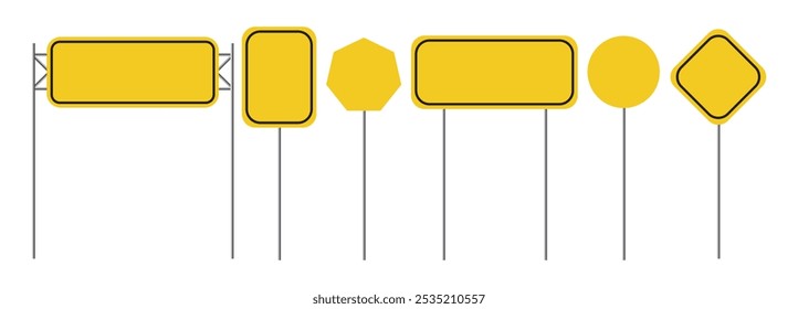 Set of yellow road signs. Blank traffic signage collection