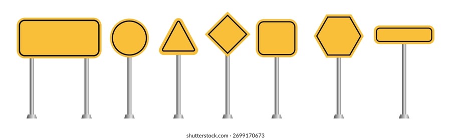 Conjunto de señales de tráfico amarillas. Señales de tráfico vacías aisladas sobre fondo transparente. Símbolos de tráfico callejero en blanco, tablas de detención. Ilustración vectorial.