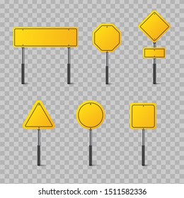 Set of yellow road signs isolated on transparent background. Direction signs boards on metal stand, empty pointer post and directing signboard. Street traffic board, warning highway square billboard.