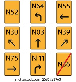 A set of yellow road signs showing route numbers and directional arrows to guide drivers along national roads.