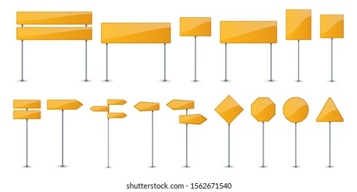 Set of yellow road text panels. Road signs isolated. Vector illustration. Traffic signs.