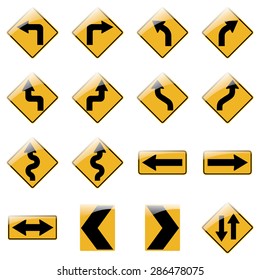 Conjunto de señales amarillas de la flecha del tráfico en el fondo blanco. Vector 