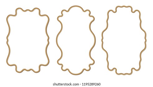 Set of yellow rope woven vector border, verticall vector frame, isolated on white background