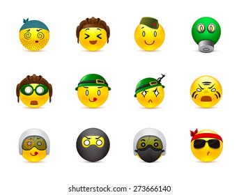Set of yellow round anime smiles on the theme of war. Smilies in camouflage and with a variety of weapons in the hands of