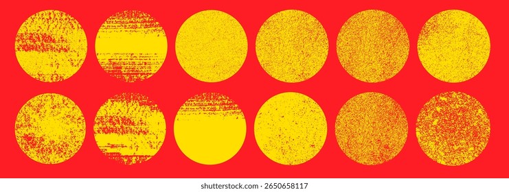 Set of yellow round brush circles on red background. Japanese circle round textured shapes.Round dry gritty element. Sun japanese circle shapes with trace textured