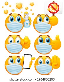 Conjunto de personajes amarillos redondos de emoji con máscaras médicas. Colección de estilo 3d de dibujos animados. Ilustración del vector