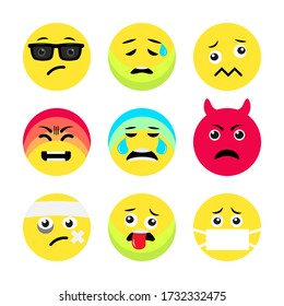 Set of yellow round emoticons. Collection of emoji icons. Cartoon faces expressing different negative feelings. Vector illustration.