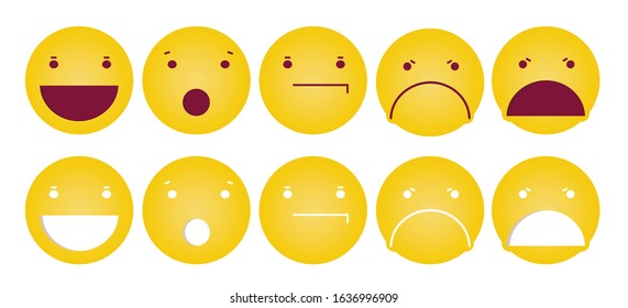 Set of yellow round emoticons or emoji icons. Vector illustration isolated on white background.