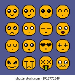 A set of yellow round emoticons and illustrated emoji in the old pixel style. 8 bit icons of smiling faces. Isolated angry, in love, sleepy, surprised, happy social media character.