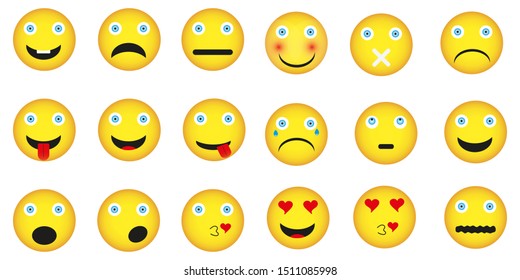 Set of yellow round emoticons, smile, laugh, joyful, sad, angry and crying. Vector illustration on a white background. Smiling card or banner concept. Vector