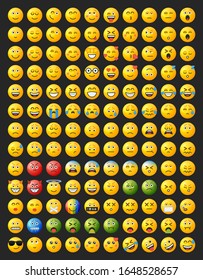 Set of yellow round emoticons for social networks or web design with different facial expressions.