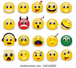 Set of yellow round expressive emoticons on white background 