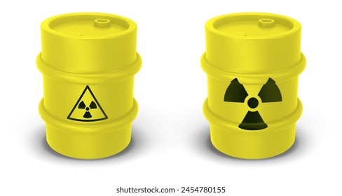 Set yellow round metal drum. 3D rendering. Vector illustration isolated on white. Barrel of toxic, radioactive waste. Dangerous chemical liquids, flammable gases, toxins, oils, radiation