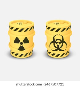 Set yellow round metal drum. 3D rendering. Vector illustration isolated. Barrel of toxic, radioactive waste. Dangerous chemical liquids, flammable gases, toxins, radiation, biological hazard