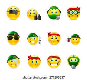 Set of yellow round smiles on the theme of war. Smilies in camouflage and with a variety of weapons in the hands of