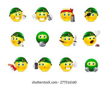 Set of yellow round smiles on the theme of war. Smilies in camouflage and with a variety of weapons in the hands of