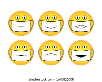 A set of yellow round smileys in white medical masks. Vector illustration.