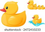 set of yellow rubber bath ducks, rubber baby toy. Stock vector illustration