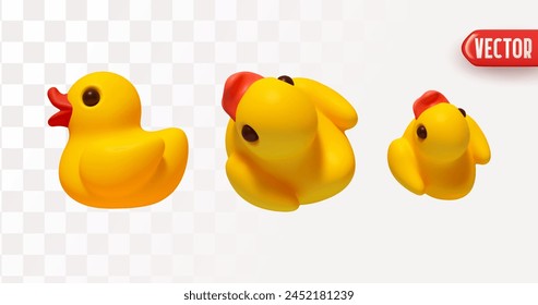 Conjunto de pato de goma amarillo en estilo de dibujos animados 3d realista. Ilustración vectorial