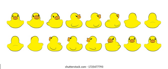 Set of yellow rubber ducks in different phase of rotation. Template for business design or kids. Vector