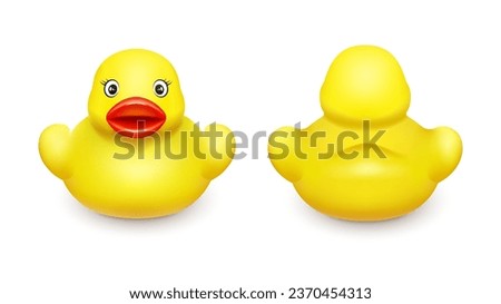 Set of yellow rubber ducks front back close up. Bath toy for children. 3D realistic illustration. Isolated on white background. Vector.