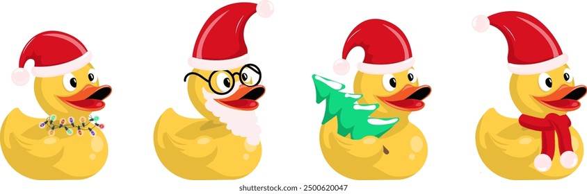 Set of yellow rubber ducks stylized for Christmas and new year. Duck with Santa Claus hat, duck with beard, duck carrying Christmas tree, duck with garland. Simple flat vector.