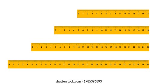 Set of yellow rulers with a black scale and numbers of different sizes. Measuring tool for artistic design. Graphic element of abstract concept. Isolated on white background. Vector illustration