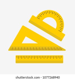 Set yellow rulers in flat style. Ruler, triangle ruler and protractor. Vector illustration.