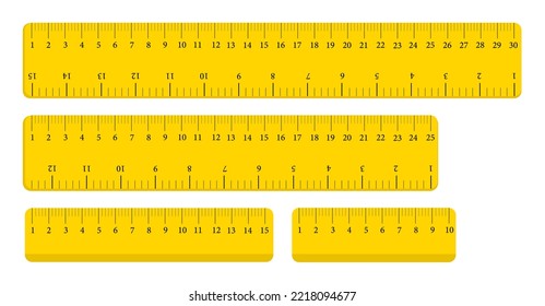 Conjunto de gobernantes amarillos. Herramienta de medición en centímetros, milímetros, pulgadas. Conjunto aislado de reglas planas para determinar el tamaño. Longitud exacta. Ilustración vectorial.
