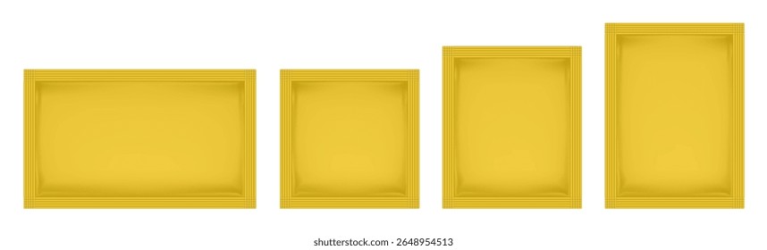 Set of yellow sachets in various shapes and sizes. Square and rectangular, vertical and horizontal. Cosmetic samples, skincare products, food supplements, tea bags, or single-use items