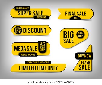 Set of yellow Sale banners, discount tags, special offer. Website stickers with shadows on a gray abstract background,flat web page design. Vector elements