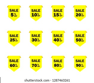 Set of yellow sale icon banners in different shapes. shop product tags. 5% 10% 15% 20% 25% 30% 40% 50% 60% 70% 80% 90% off discount sticker vector.