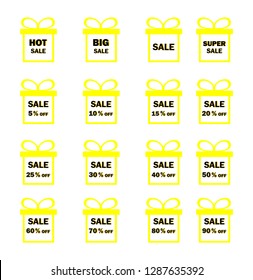 Set of yellow sale icon banners in different shapes. shop product tags. 5% 10% 15% 20% 25% 30% 40% 50% 60% 70% 80% 90% off discount sticker vector.