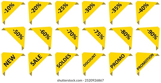 Set of Yellow sale quality tags and labels isolated. Shopping stickers and badges. Discount sticker product tag set from 10 to 90 percent off. Special offer, new, sale, discount, Promo.