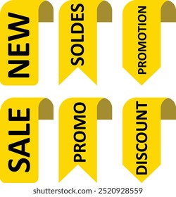 Set of yellow sale quality tags and labels isolated. Shopping stickers and badges. Discount sticker product tag set. Special offer, soldes, new, sale, discount, Promo.