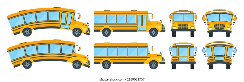Set of yellow school bus side, front and back view. Transporting schoolchildren. Flat vector illustration.