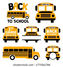 Set with yellow school bus. Vector illustration with student transport Front Image, rear, side view. Back to school design, 1st school day, first grade quote, saying. Monogram frame, split name border