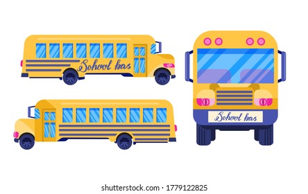 A set of Yellow school buses isolated on a white background. design icons. Collection Of Cartoon School Bus. Vector illustration in flat style