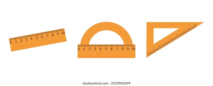 Set of yellow school rulers. School supplies. Hand drawn vector illustration.