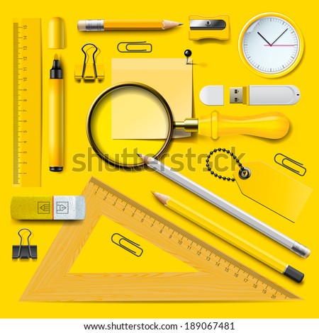 Set of Yellow school supplies on the blackboard background, vector illustration. 
