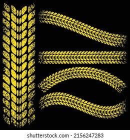 Set of yellow scribble tire track silhouettes isolated on black background. Vehicle brake down path silhouette on the road. Tyre ways different forms for your designs