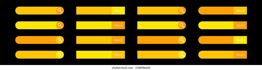 Set of yellow search boxes ui template. Modern search bar element isolated on black background. Vector EPS 10