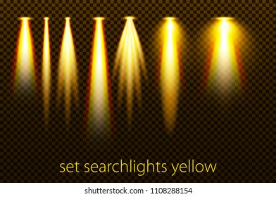 Set of yellow searchlights on a transparent background. Bright lighting with spotlights. vector illustration art