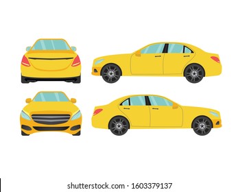 Set of yellow sedan car view on white background,illustration vector,Side, front, back