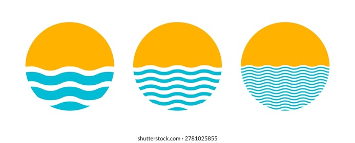 Set of yellow semicircle shapes and blue wavy lines isolated on white background. Sun and sea silhouettes. Sunrise or sunset concept. Simple design element. Vector flat illustration.