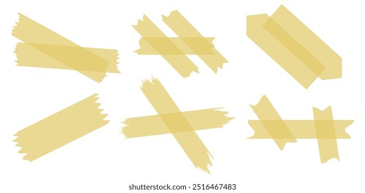 Set of yellow semi-transparent washi tapes isolated on white. Washi tapes collection in vector. Pieces of decorative tape for scrapbooks. Torn paper