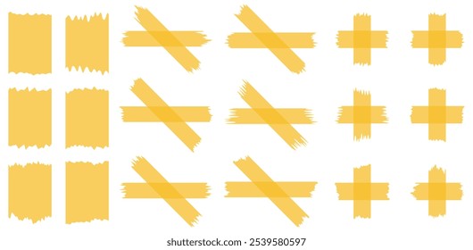 Set of yellow semi-transparent washi tapes isolated on white. Tapes collection in vector. Pieces of decorative tape for scrapbooks. Torn paper	